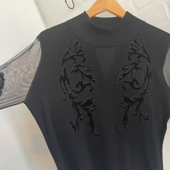 Vintage Y2K Knit Sweater Sheer mesh Burnout Velvet sleeve Damask Goth Black L - Picture 7 of 15